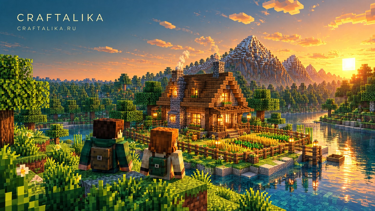 Два путешественника Minecraft смотрят на деревянный дом и сад у озера на золотом закате
